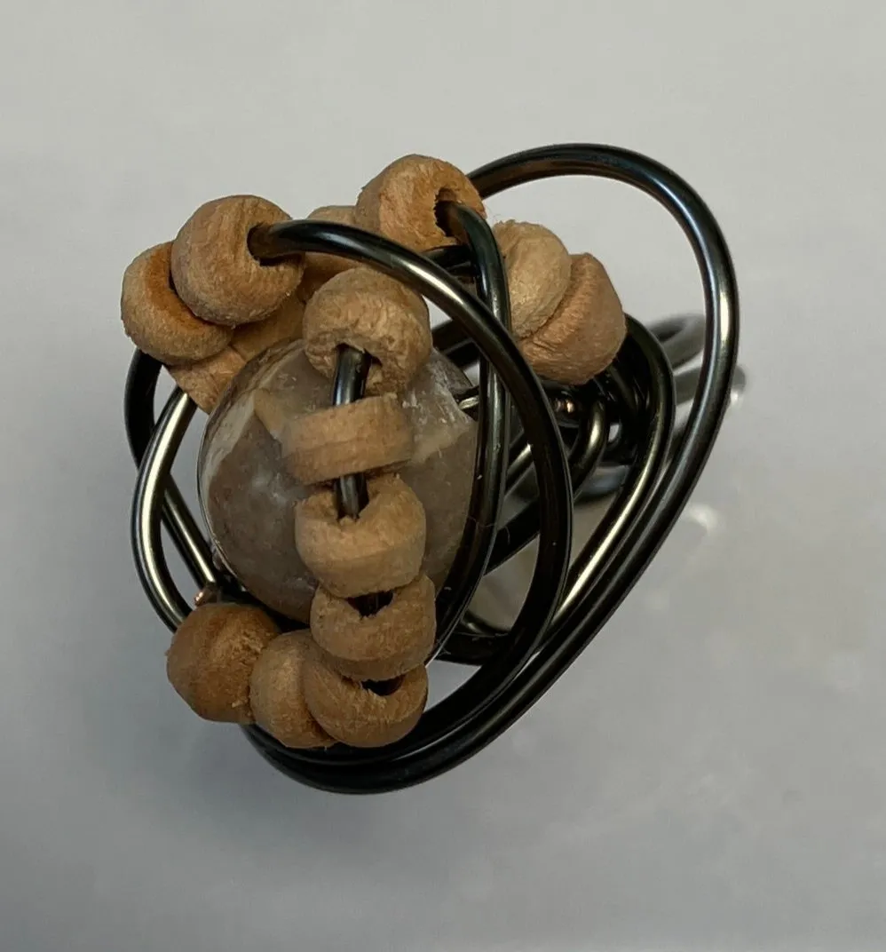 Wood and Unknown Bead Tan Bead Ring