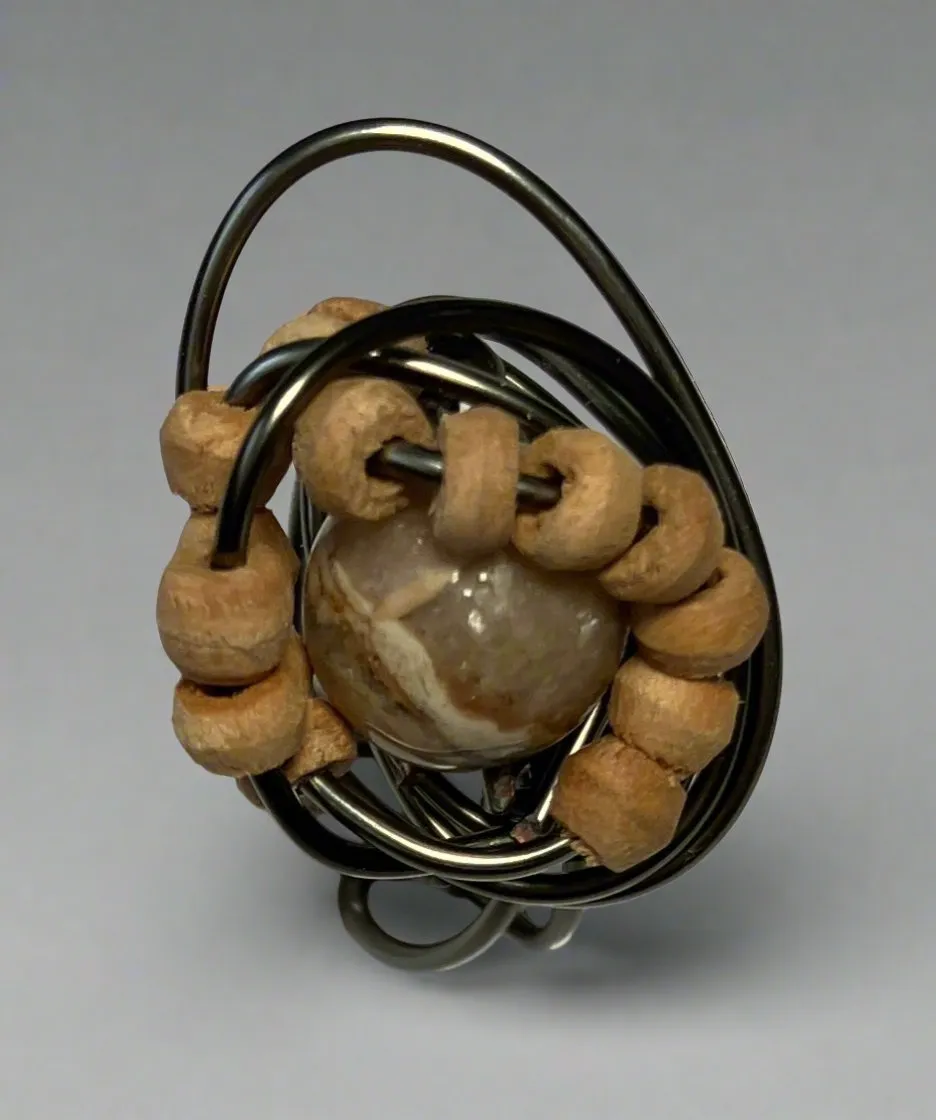 Wood and Unknown Bead Tan Bead Ring