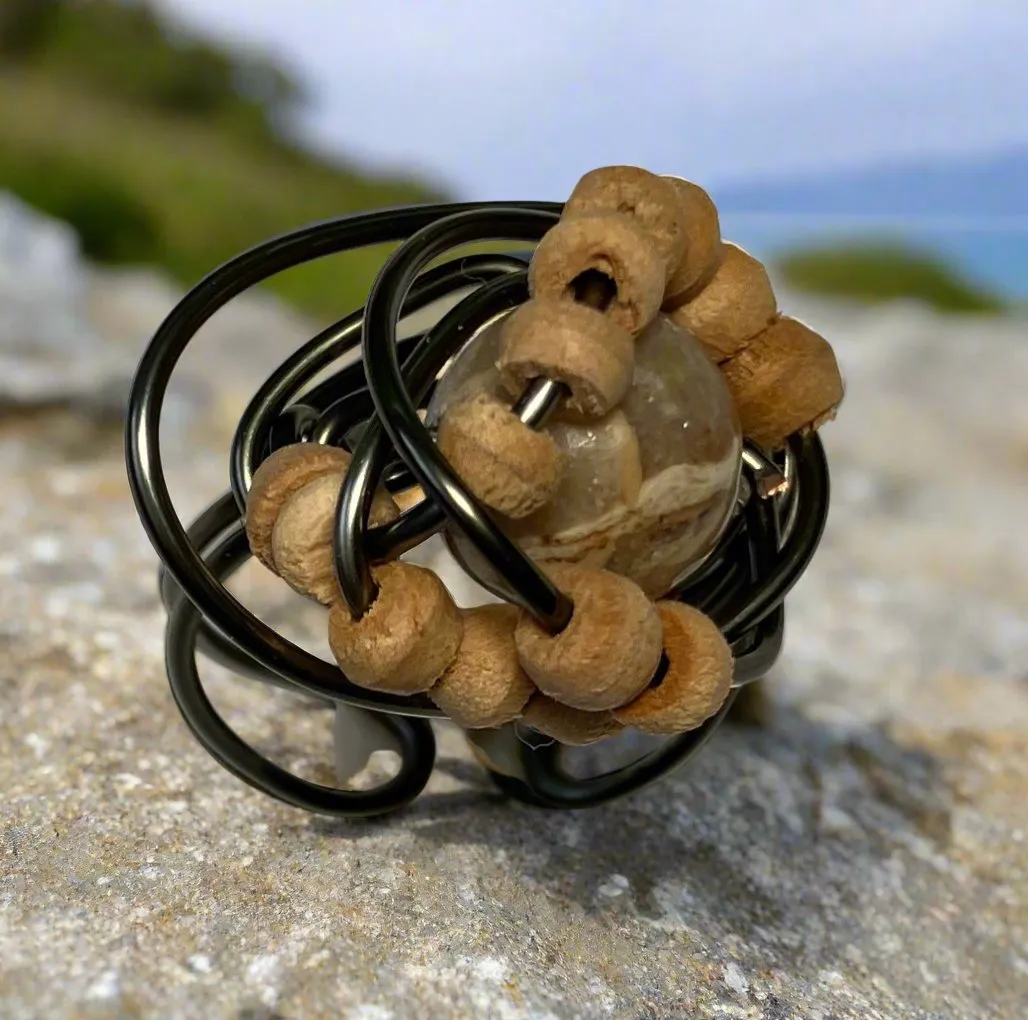 Wood and Unknown Bead Tan Bead Ring
