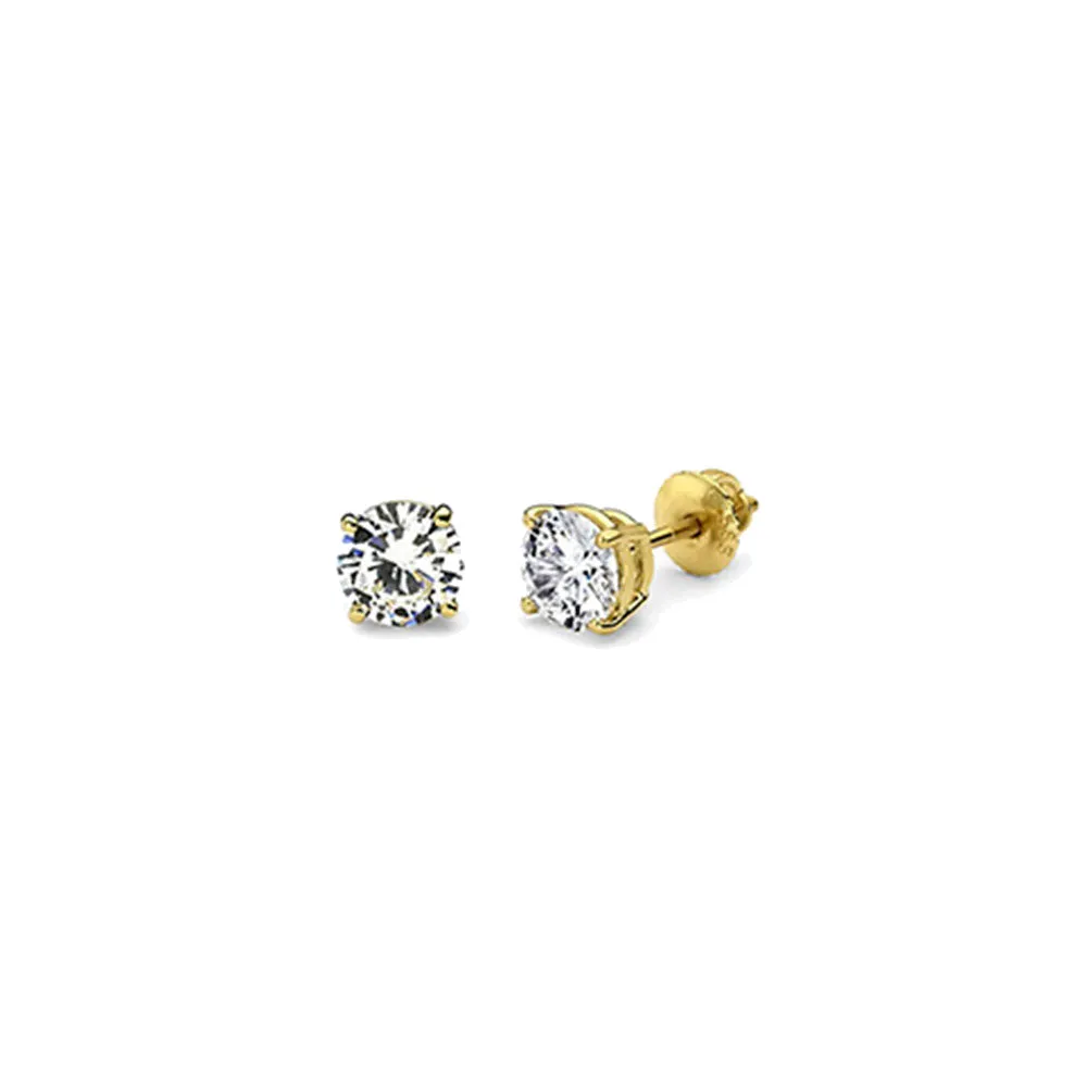 YELLOW GOLD STERLING SILVER 4 PRONGS DIAMONDS STUDS EARRINGS