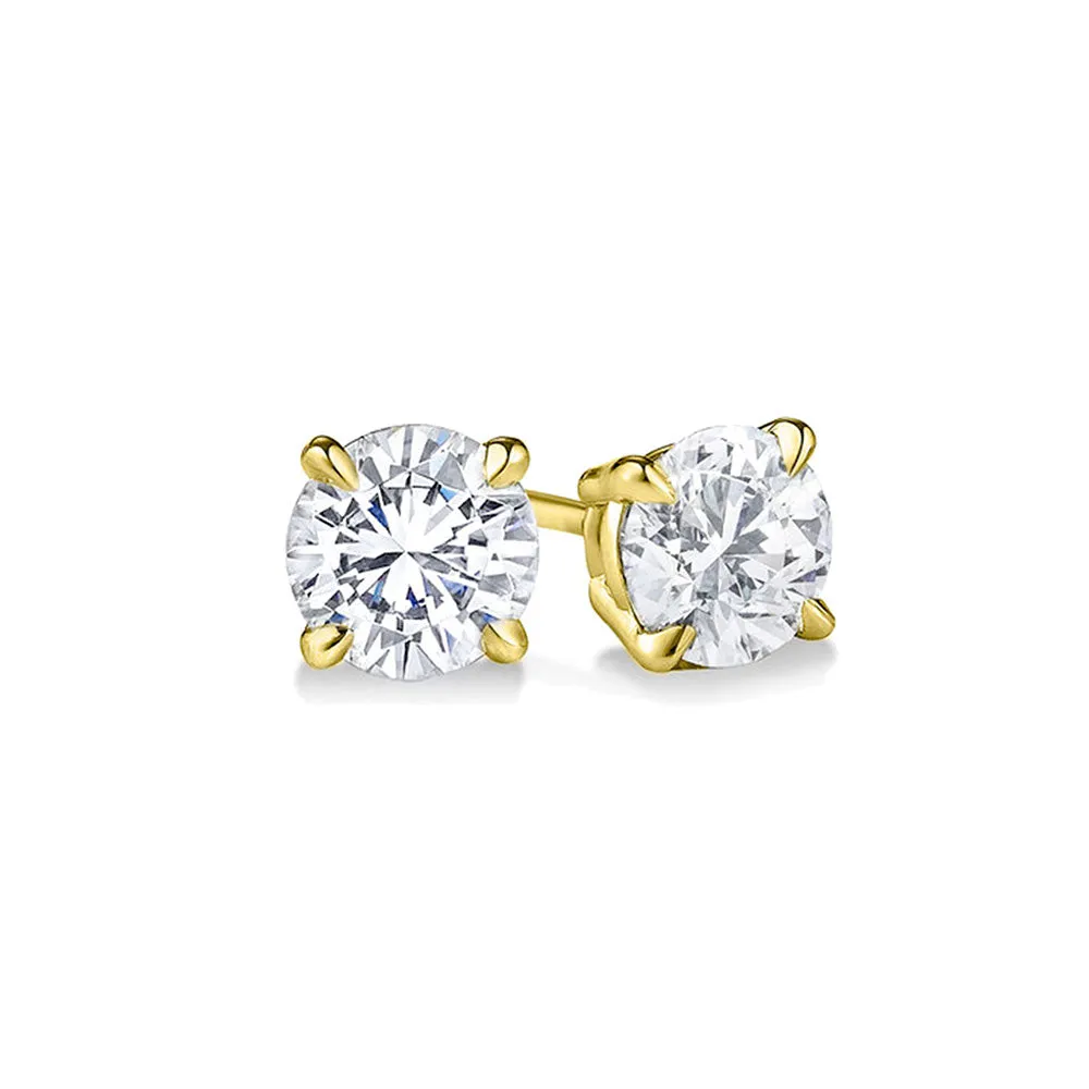 YELLOW GOLD STERLING SILVER 4 PRONGS DIAMONDS STUDS EARRINGS
