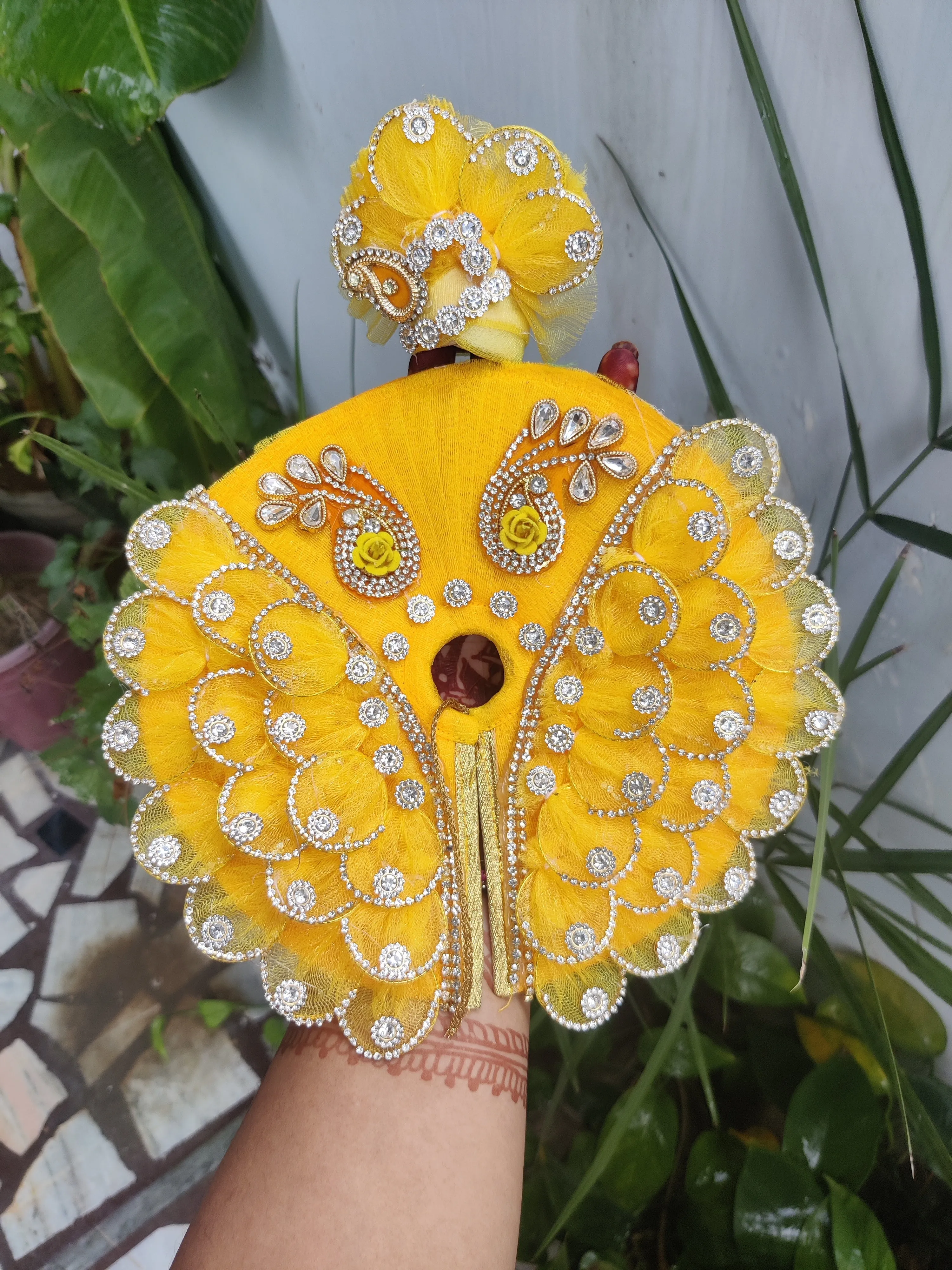 Yellow patti butterfly design heavy laddu gopal dress with pagdi and choli