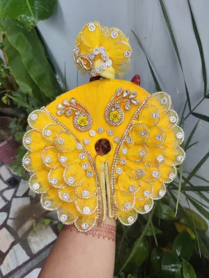 Yellow patti butterfly design heavy laddu gopal dress with pagdi and choli
