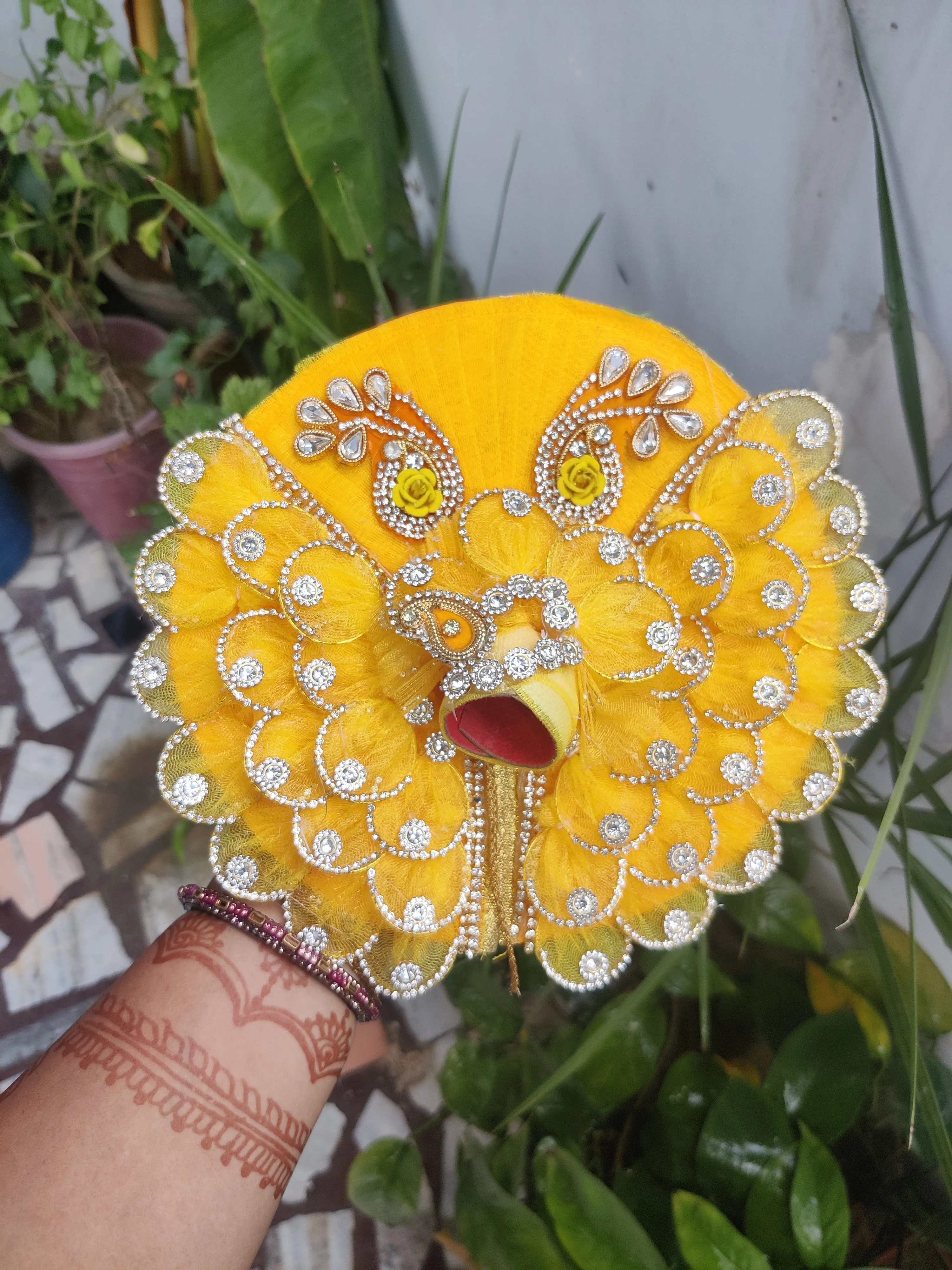 Yellow patti butterfly design heavy laddu gopal dress with pagdi and choli